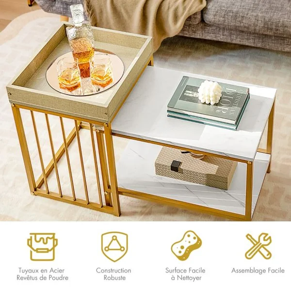 Lot de 2 Tables Basses Gigognes Effect Marbre Design Scandinave Tables D'appoint Empilable Gigognes