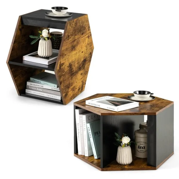 Lot de 2 Tables Basses Gigognes Empilables Bout de Canapé Hexagonales avec Étagères Ouvertes Marron Rustique 110 x 63 x 35 cm