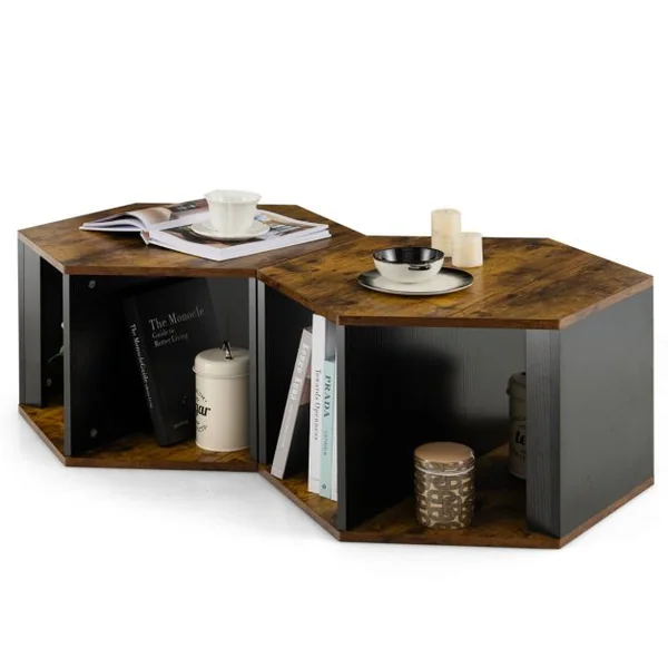 Lot de 2 Tables Basses Gigognes Empilables Bout de Canapé Hexagonales avec Étagères Ouvertes Marron Rustique 110 x 63 x 35 cm