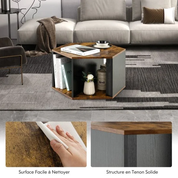 Lot de 2 Tables Basses Gigognes Empilables Bout de Canapé Hexagonales avec Étagères Ouvertes Marron Rustique 110 x 63 x 35 cm