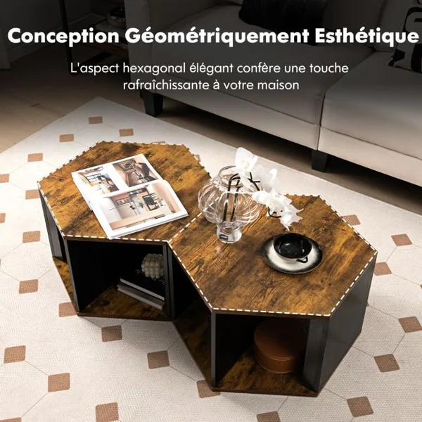 Lot de 2 Tables Basses Gigognes Empilables Bout de Canapé Hexagonales avec Étagères Ouvertes Marron Rustique 110 x 63 x 35 cm