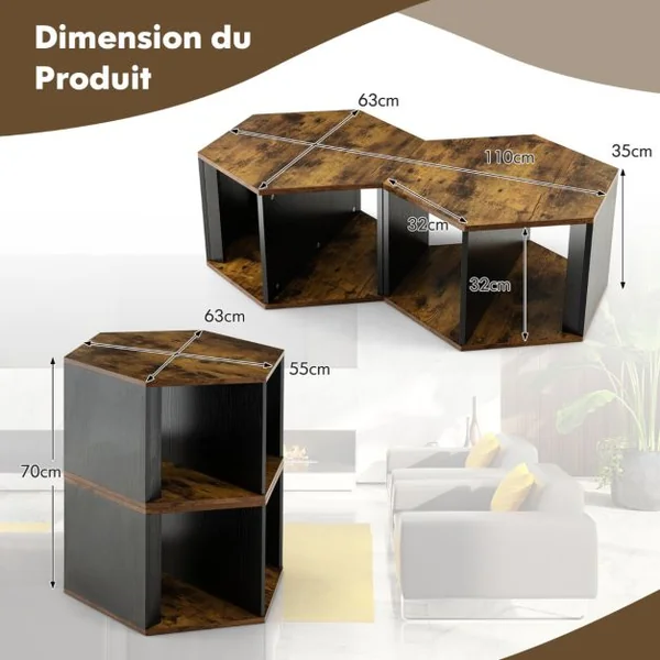 Lot de 2 Tables Basses Gigognes Empilables Bout de Canapé Hexagonales avec Étagères Ouvertes Marron Rustique 110 x 63 x 35 cm