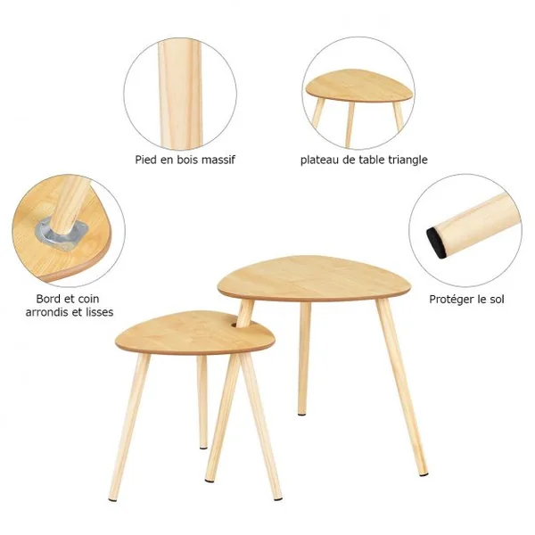 Lot de 2 Tables Basses Gigognes laquées en MDF Table Basse Table à Café de style Scandinave 70 x 50 x 51,5 cm Couleur Naturel