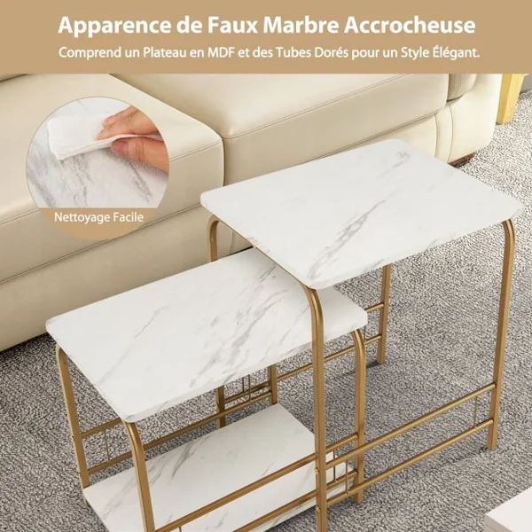 Lot de 2 Tables Basses Gigognes Modernes en Effet Marbre avec Structures en Acier pour Salon Chambre Bureau Blanc et Doré