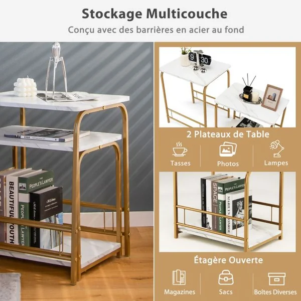 Lot de 2 Tables Basses Gigognes Modernes en Effet Marbre avec Structures en Acier pour Salon Chambre Bureau Blanc et Doré