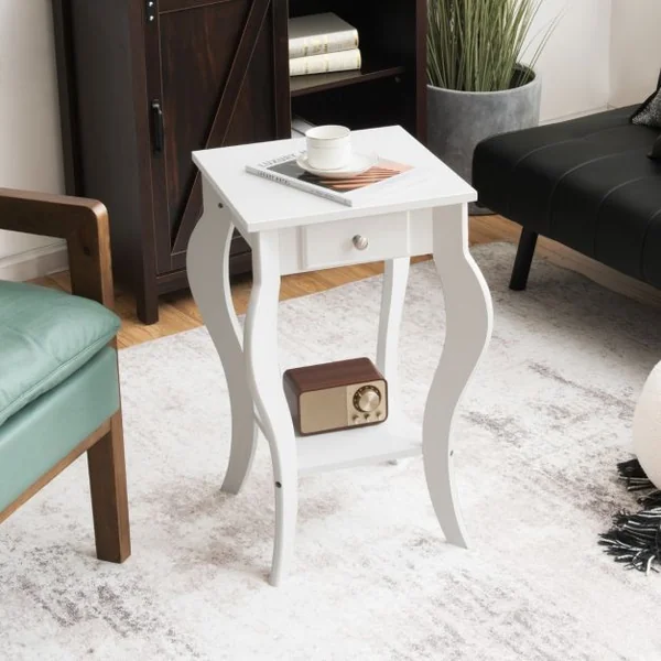 Lot de 2 Tables d'Appoint avec 1 Tiroir et Pieds Courbés Style Moderne en MDF 42,5 x 42,5 x 65,5 cm ( L x l x H) Blanc