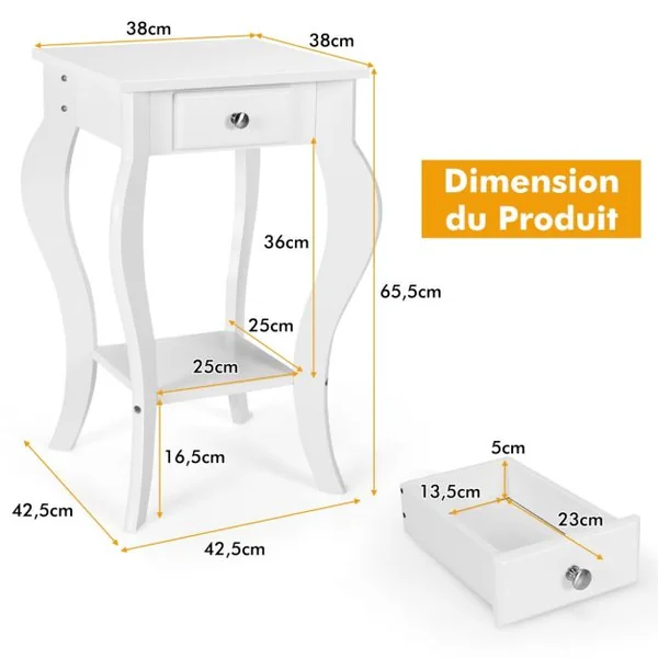 Lot de 2 Tables d'Appoint avec 1 Tiroir et Pieds Courbés Style Moderne en MDF 42,5 x 42,5 x 65,5 cm ( L x l x H) Blanc
