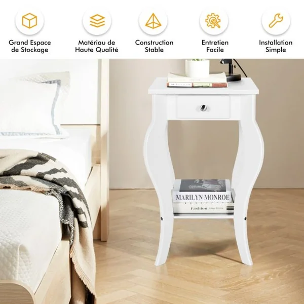 Lot de 2 Tables d'Appoint avec 1 Tiroir et Pieds Courbés Style Moderne en MDF 42,5 x 42,5 x 65,5 cm ( L x l x H) Blanc