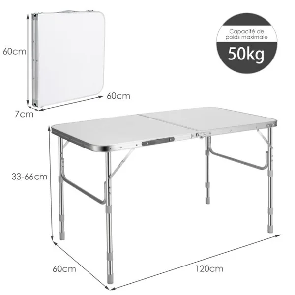 Lot de 2 Tables de Camping Pique-Nique Pliante en Aluminium Table de Réception Traiteur avec Hauteur Réglable 33/55/66CM Blanc
