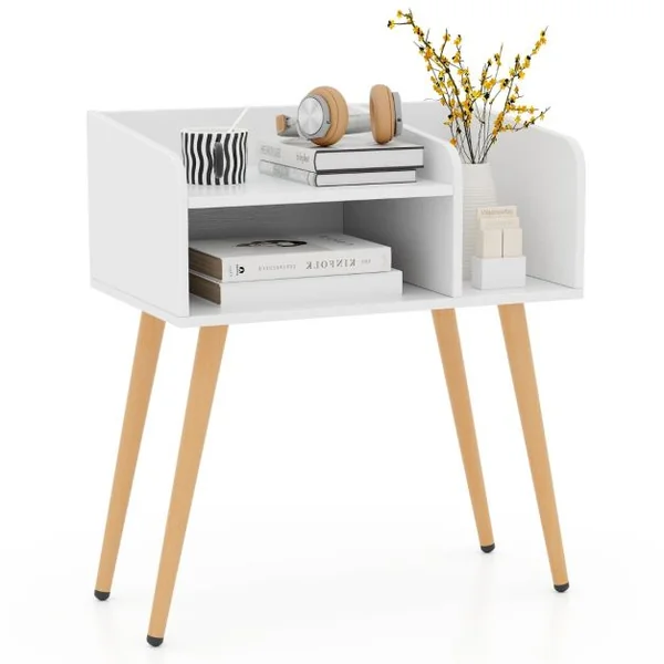 (Lot de 2) Table(s) de Chevet à 2 Niveaux avec Etagères Ouvertes Table d'Appoint avec Pieds en Métal Blanc/Noir/Marron Rustique