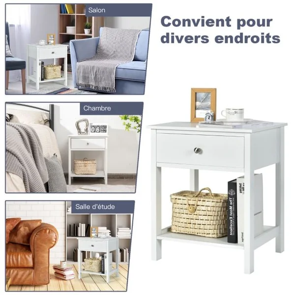 Lot de 2 Tables de Chevet à 2 Niveaux Style Moderne Simple 48 x 40 x 58 CM Blanc
