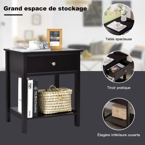 Lot de 2 Tables de Chevet à 2 Niveaux Style Moderne Simple 48 x 40 x 58 CM Noir