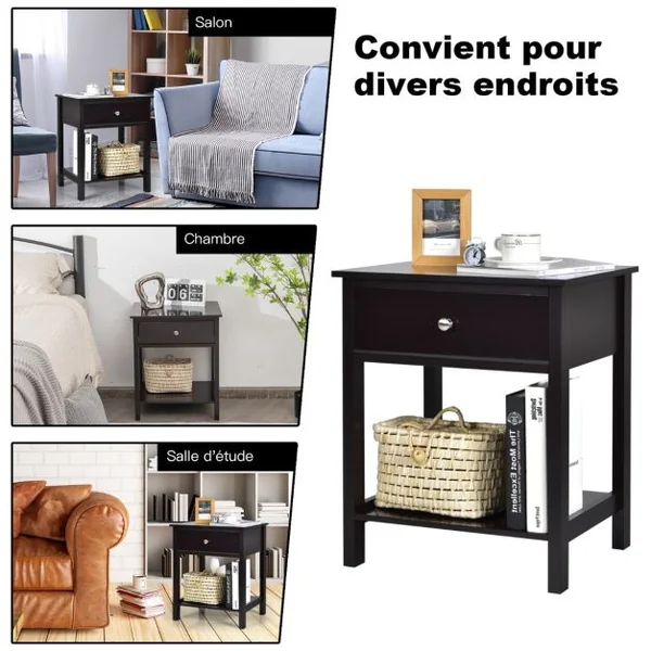 Lot de 2 Tables de Chevet à 2 Niveaux Style Moderne Simple 48 x 40 x 58 CM Noir