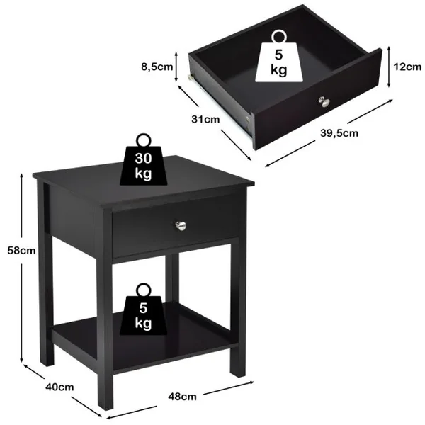 Lot de 2 Tables de Chevet à 2 Niveaux Style Moderne Simple 48 x 40 x 58 CM Noir