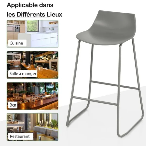 Lot de 2 Tabouret de Bar Cadre en métal avec Repose-Pieds pour Bar îlot de Cuisine Pub Gris