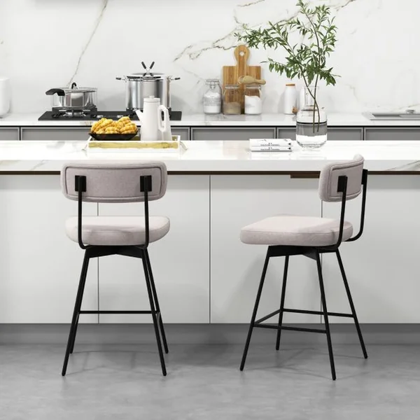 Lot de 2 Tabourets de Bar de 63,5 cm Pivotants à Hauteur de Comptoir Siège et Dossier Rembourrés Repose-pieds Cadre en Métal Beige/Gris
