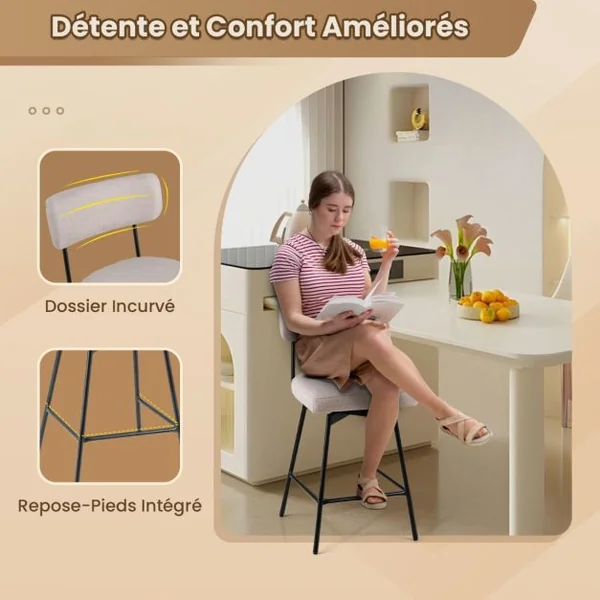 Lot de 2 Tabourets de Bar de 63,5 cm Pivotants à Hauteur de Comptoir Siège et Dossier Rembourrés Repose-pieds Cadre en Métal Beige/Gris