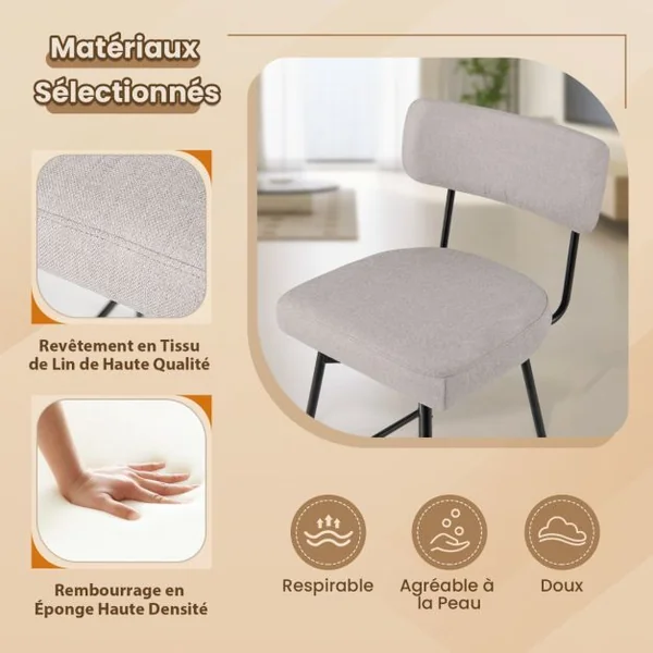 Lot de 2 Tabourets de Bar de 63,5 cm Pivotants à Hauteur de Comptoir Siège et Dossier Rembourrés Repose-pieds Cadre en Métal Beige/Gris