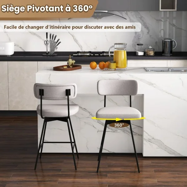 Lot de 2 Tabourets de Bar de 63,5 cm Pivotants à Hauteur de Comptoir Siège et Dossier Rembourrés Repose-pieds Cadre en Métal Beige/Gris
