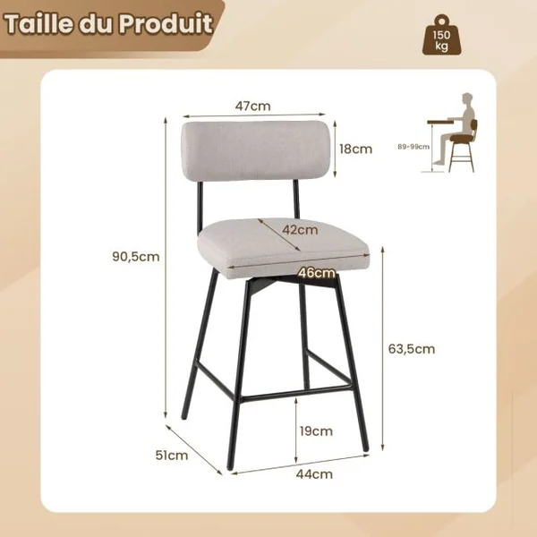 Lot de 2 Tabourets de Bar de 63,5 cm Pivotants à Hauteur de Comptoir Siège et Dossier Rembourrés Repose-pieds Cadre en Métal Beige/Gris