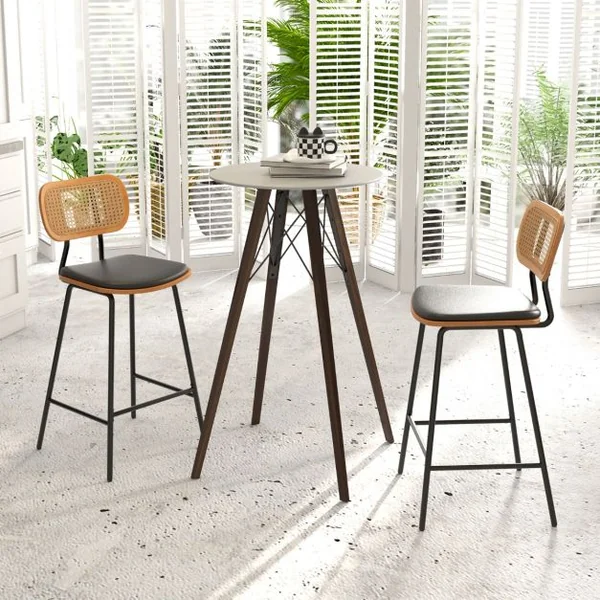 Lot de 2 Tabourets de Bar en Métal Siège en Simili Cuir Hauteur d'Assise 65,5cm Dossier Design Cannage Tabouret Cuisine Industriel Noir