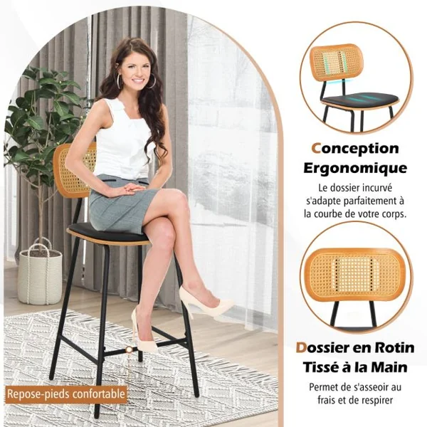 Lot de 2 Tabourets de Bar en Métal Siège en Simili Cuir Hauteur d'Assise 65,5cm Dossier Design Cannage Tabouret Cuisine Industriel Noir