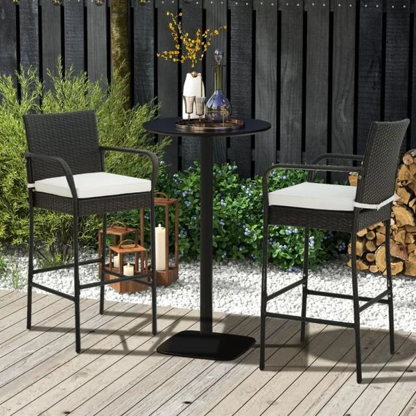 Lot de 2 Tabourets de Bar en Rotin PE Anti-UV Charge 180 KG avec Repose-Pieds Assise Rembourrée Lavable et Amovible