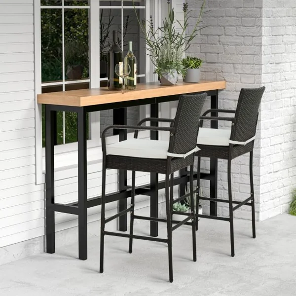 Lot de 2 Tabourets de Bar en Rotin PE Anti-UV Charge 180 KG avec Repose-Pieds Assise Rembourrée Lavable et Amovible