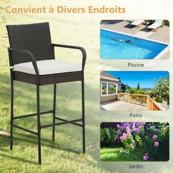 Lot de 2 Tabourets de Bar en Rotin PE Anti-UV Charge 180 KG avec Repose-Pieds Assise Rembourrée Lavable et Amovible