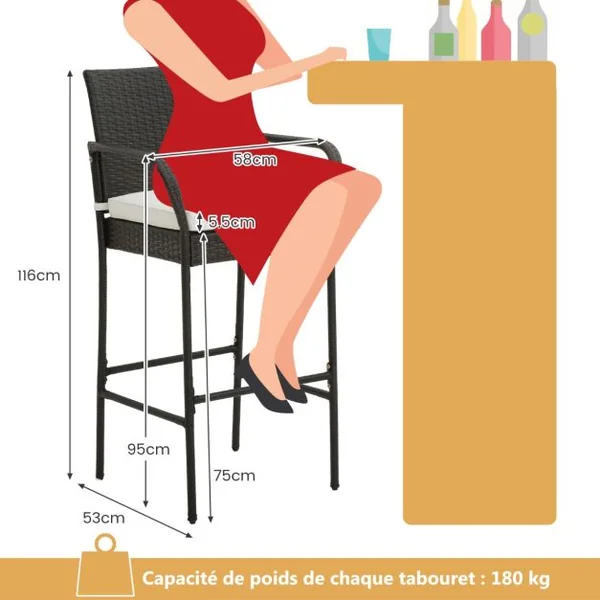 Lot de 2 Tabourets de Bar en Rotin PE Anti-UV Charge 180 KG avec Repose-Pieds Assise Rembourrée Lavable et Amovible
