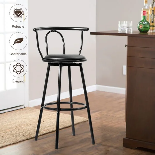 Lot de 2 Tabourets de Bar Industriel Pivotant à 360° Repose-pied Structure Acier Capacité 130kg 55x56x101,5cm Noir