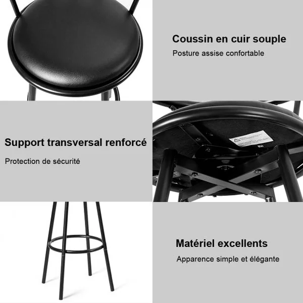 Lot de 2 Tabourets de Bar Industriel Pivotant à 360° Repose-pied Structure Acier Capacité 130kg 55x56x101,5cm Noir
