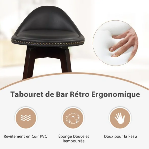 Lot de 2 Tabourets de Bar Pivotant 360°en Bois avec Rivets Décoratifs Dossier Assise Rembourrée Charge 180 KG Noir