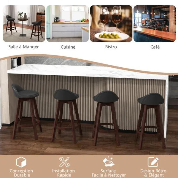 Lot de 2 Tabourets de Bar Pivotant 360°en Bois avec Rivets Décoratifs Dossier Assise Rembourrée Charge 180 KG Noir