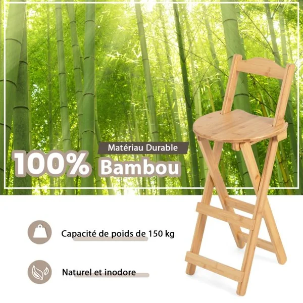 Lot de 2 Tabourets de Bar Pliants en Bambou Sans Assemblage Idéal pour Cuisine Salle à Manger Salon 34 x 28 x 84 cm