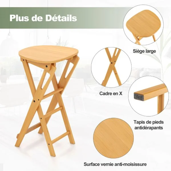 Lot de 2 Tabourets de Bar Pliants en Bambou Tabouret Haut Chaise Bar Bistro avec Repose-Pieds Poignées Sans Assemblage 36 x 33 x 61 cm