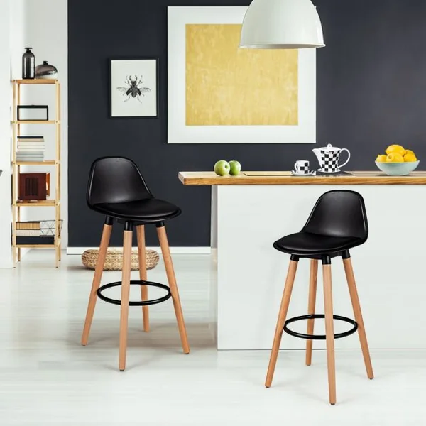 Lot de 2 Tabourets de Bar Rembourré Pied en Bois Massif avec Dossier et Repose-pieds en Métal Noir