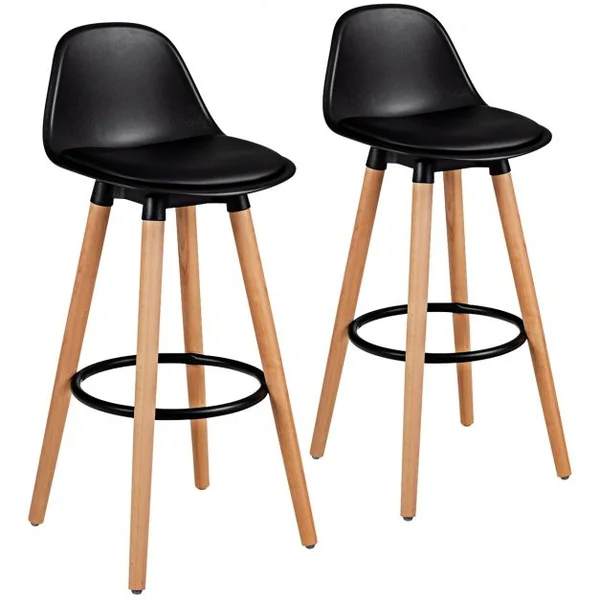 Lot de 2 Tabourets de Bar Rembourré Pied en Bois Massif avec Dossier et Repose-pieds en Métal Noir