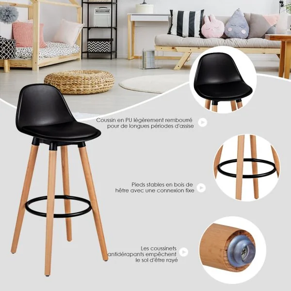 Lot de 2 Tabourets de Bar Rembourré Pied en Bois Massif avec Dossier et Repose-pieds en Métal Noir
