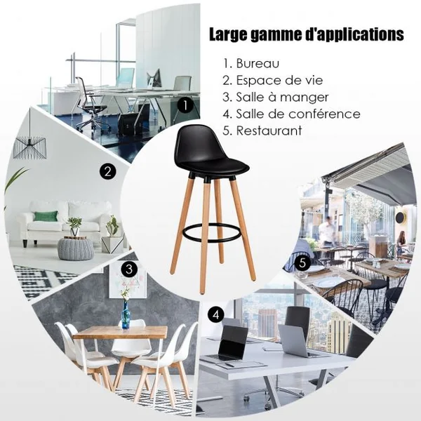 Lot de 2 Tabourets de Bar Rembourré Pied en Bois Massif avec Dossier et Repose-pieds en Métal Noir