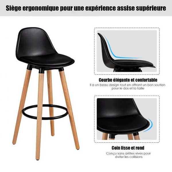 Lot de 2 Tabourets de Bar Rembourré Pied en Bois Massif avec Dossier et Repose-pieds en Métal Noir
