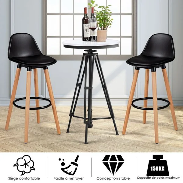 Lot de 2 Tabourets de Bar Rembourré Pied en Bois Massif avec Dossier et Repose-pieds en Métal Noir