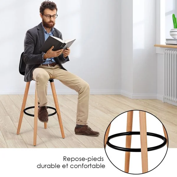 Lot de 2 Tabourets de Bar Rembourré Pied en Bois Massif avec Dossier et Repose-pieds en Métal Noir