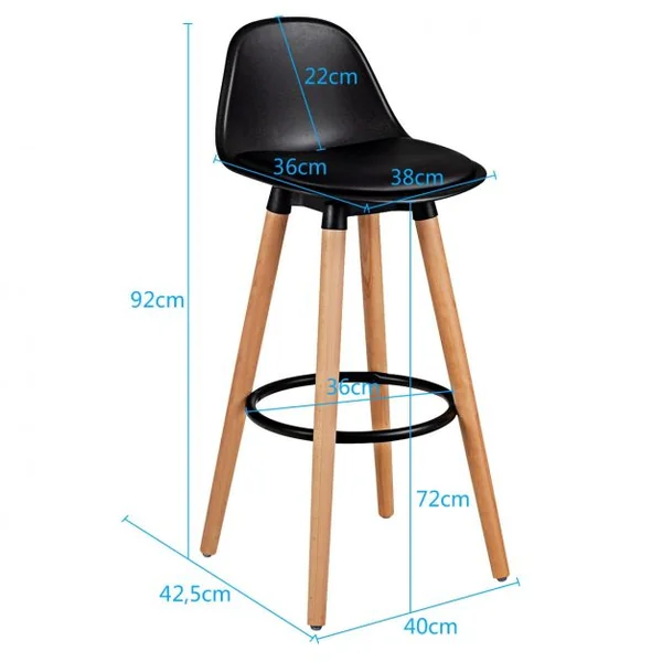 Lot de 2 Tabourets de Bar Rembourré Pied en Bois Massif avec Dossier et Repose-pieds en Métal Noir