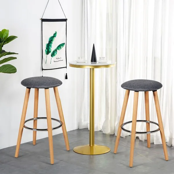 Lot de 2 Tabourets de Bar Rembourré Pied en Bois Massif avec Repose-pieds en Métal Gris