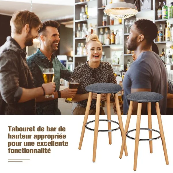 Lot de 2 Tabourets de Bar Rembourré Pied en Bois Massif avec Repose-pieds en Métal Gris