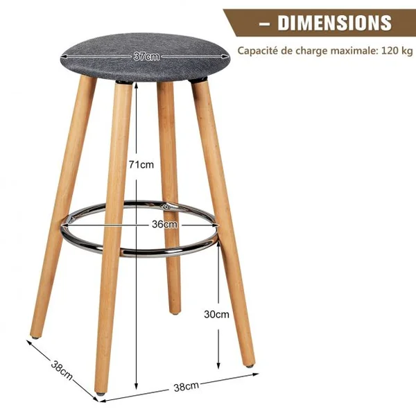 Lot de 2 Tabourets de Bar Rembourré Pied en Bois Massif avec Repose-pieds en Métal Gris