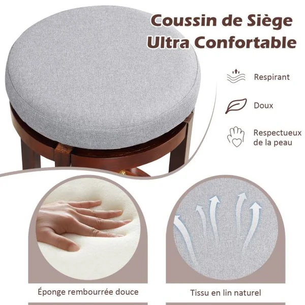 Lot de 2 Tabourets de Bar Rond Pivotant 360° Dia. 42 x 66 cm Assise Rembourrée Charge 180 KG, Design Classique Gris