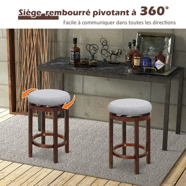 Lot de 2 Tabourets de Bar Rond Pivotant 360° Dia. 42 x 66 cm Assise Rembourrée Charge 180 KG, Design Classique Gris