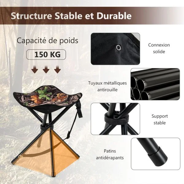 Lot de 2 Tabourets de Camping Pliant en Tissu Oxford avec Sangle d'Épaule Charge 150 KG pour Randonnée Chasse et Pêche